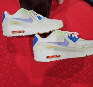 Kids White Sneakers with Purple Swoosh and Multicolor Accents